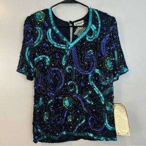 NWT Vintage Mark & John Gopal 100% Silk Sequin Blue/Green Short Sleeve Top Small